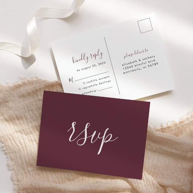Modern Minimalist Burgundy Wedding RSVP Postcard (Creator Uploaded)