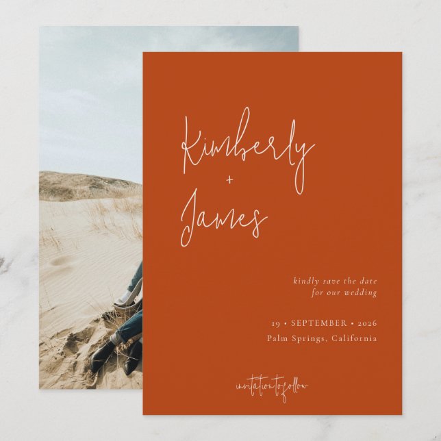 Modern Minimalist Burnt Orange Script Wedding Save The Date (Front/Back)