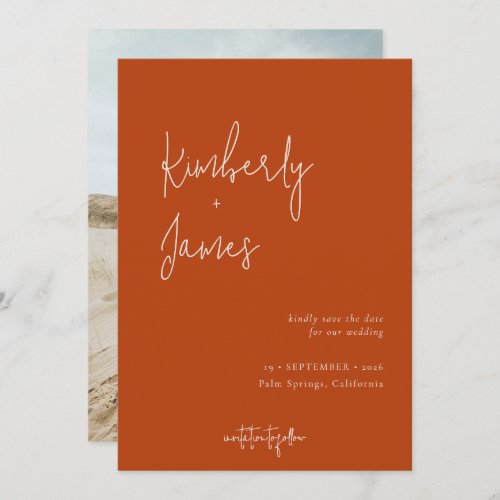 Modern Minimalist Burnt Orange Script Wedding Save The Date