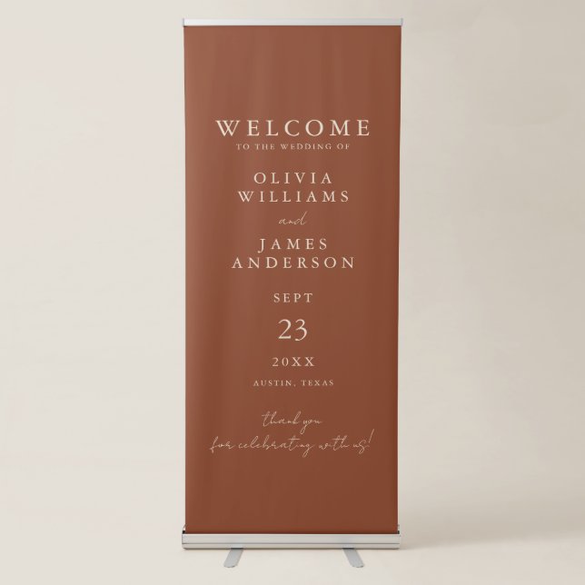 Modern Minimalist Burnt Orange Wedding Welcome Retractable Banner (Front)