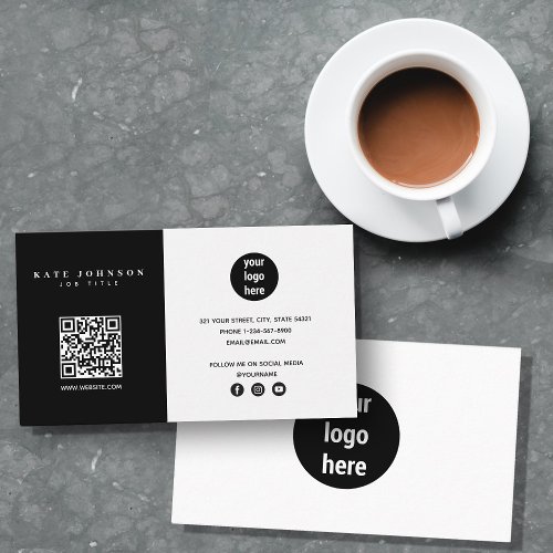 Modern Minimalist Business Logo QR Code Black Business Card