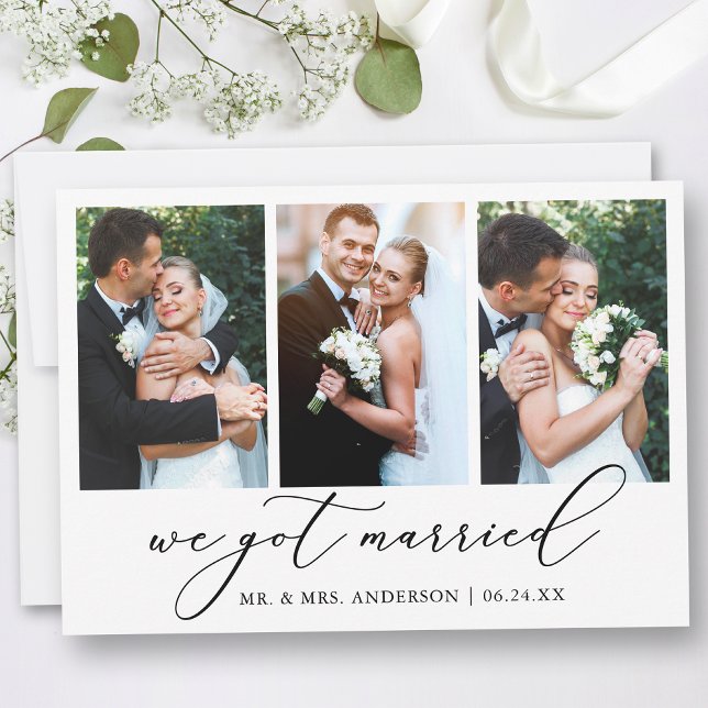 Modern Minimalist Calligraphy 3 Photo Wedding Announcement (Customize to add text or more photos to back of card.)