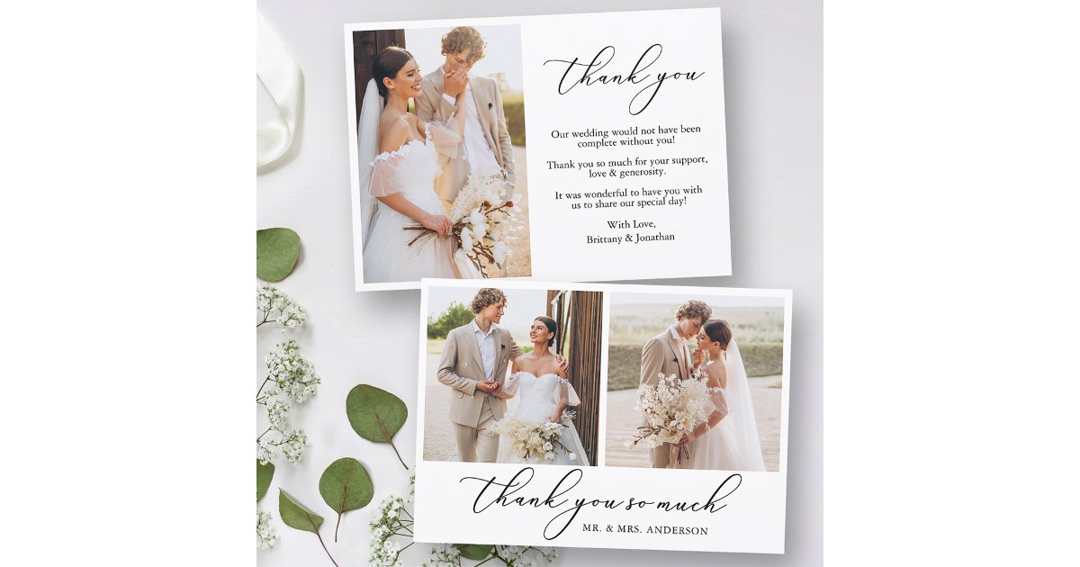 Modern Minimalist Calligraphy 3 Photo Wedding Thank You Card | Zazzle