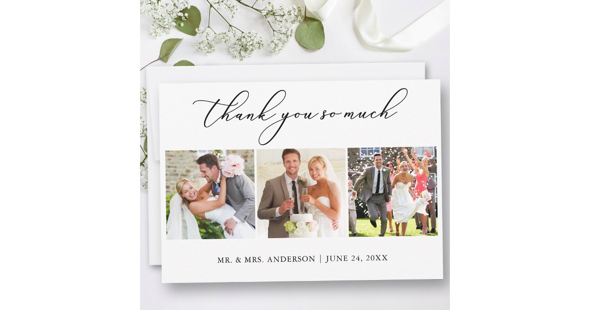 Modern Minimalist Calligraphy 3 Photos Wedding Thank You Card | Zazzle