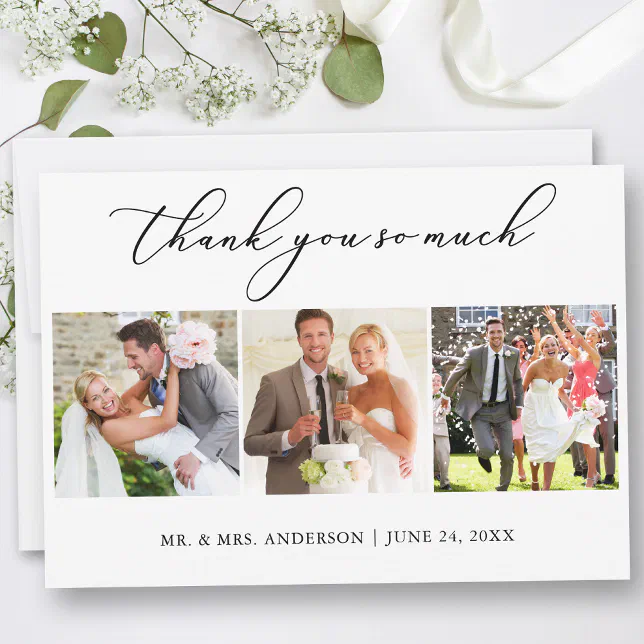 Modern Minimalist Calligraphy 3 Photos Wedding Thank You Card | Zazzle