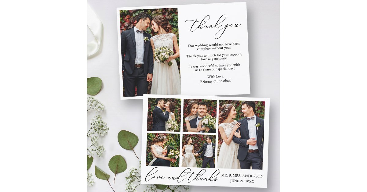 Modern Minimalist Calligraphy 6 Photo Love Wedding Thank You Card | Zazzle