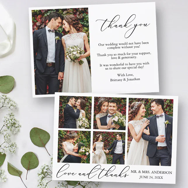 Modern Minimalist Calligraphy 6 Photo Love Wedding Thank You Card | Zazzle