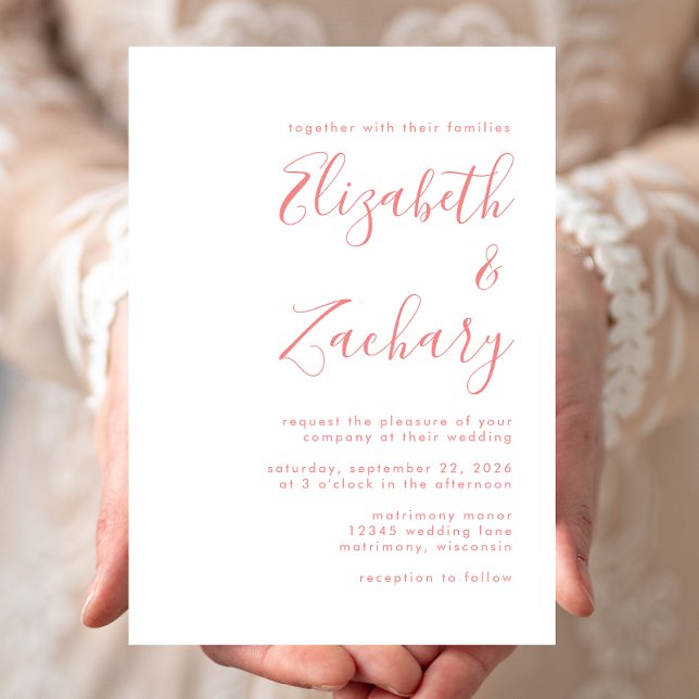 Modern Minimalist Calligraphy Coral Wedding Invitation (Creator Uploaded)