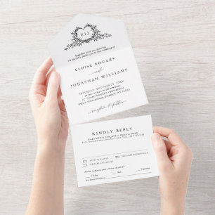 Modern Minimalist Calligraphy Crest monogram Chic All In One Invitation