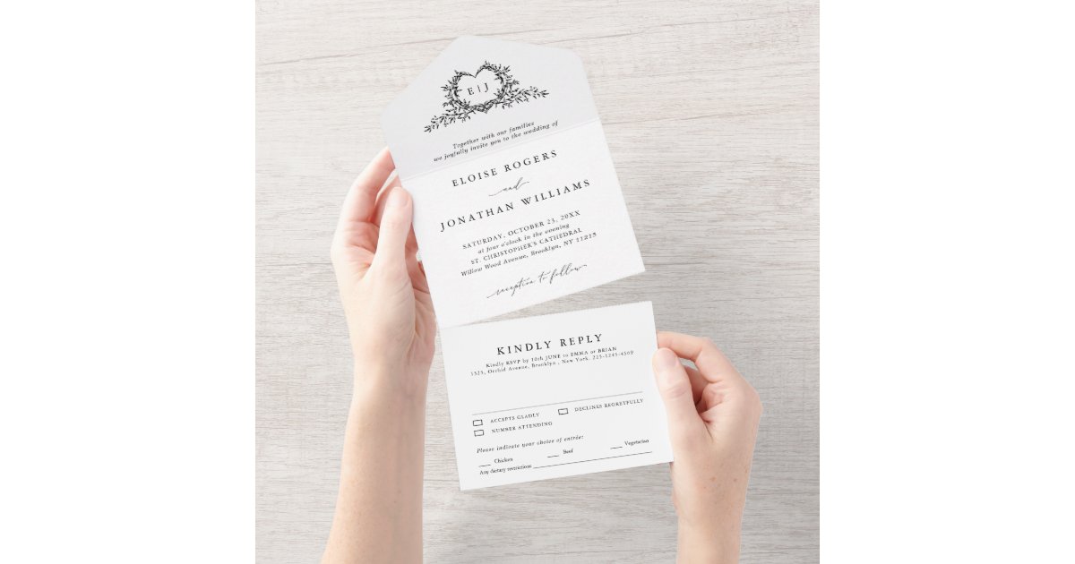 Modern Minimalist Calligraphy Crest monogram Chic All In One Invitation ...