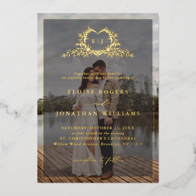 Modern Minimalist Calligraphy Crest monogram Photo Foil Invitation (Front)