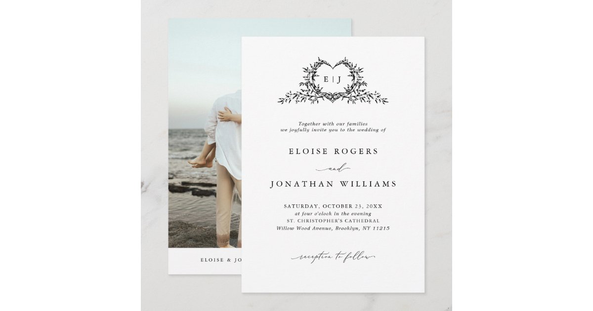 Modern Minimalist Calligraphy Crest Photo Wedding Invitation | Zazzle