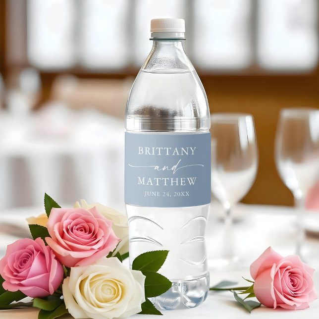 Modern Minimalist Calligraphy Dusty Blue Wedding Water Bottle Label (Customize to change background color.)