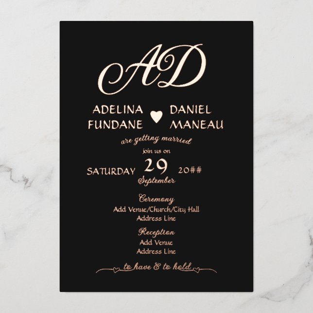 Modern Minimalist Calligraphy Heart Black & Gold Foil Invitation (Front)