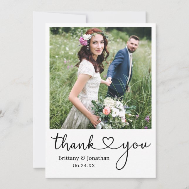 Modern Minimalist Calligraphy Heart Photo Wedding Thank You Card (Front)