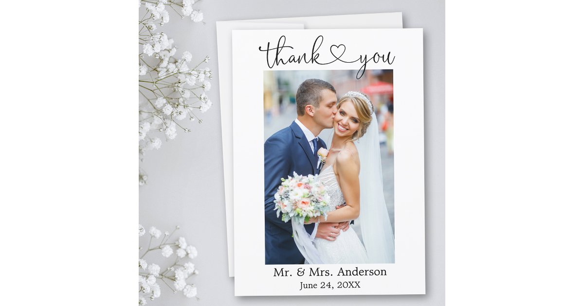 Modern Minimalist Calligraphy Heart Photo Wedding Thank You Card | Zazzle