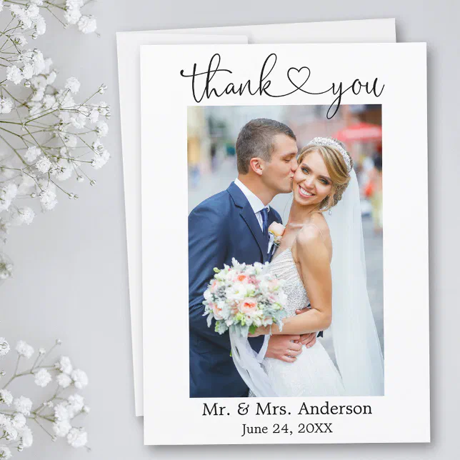 Modern Minimalist Calligraphy Heart Photo Wedding Thank You Card | Zazzle