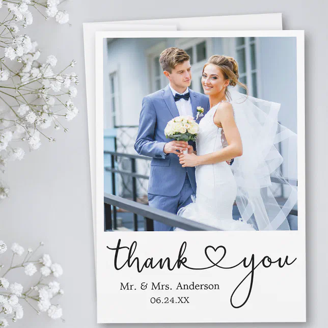 Modern Minimalist Calligraphy Heart Wedding Photo Thank You Card | Zazzle