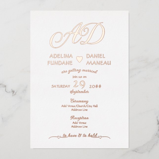 Modern Minimalist Calligraphy Heart White & Gold Foil Invitation (Front)