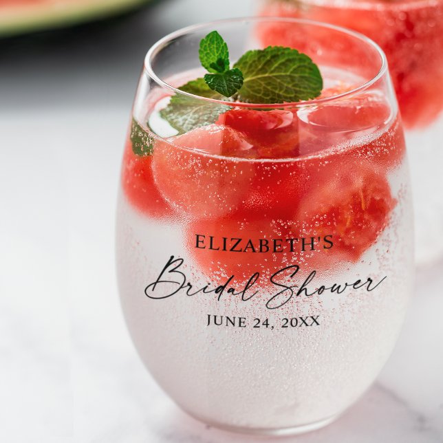 Modern Minimalist Calligraphy Ink Bridal Shower Stemless Wine Glass (Several styles to choose from.)