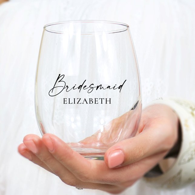 Modern Minimalist Calligraphy Ink Bridesmaid Stemless Wine Glass (Several styles to choose from.)