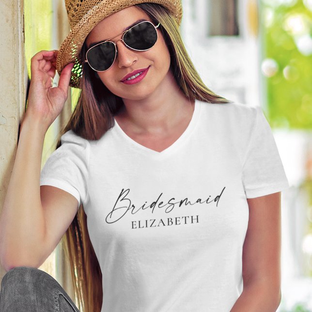 Modern Minimalist Calligraphy Ink Bridesmaid T-Shirt (Customize to change your personalized text size or text style. Many colors of shirts to choose from.)
