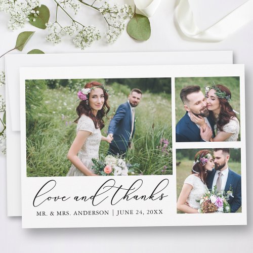 Modern Minimalist Calligraphy Love 3 Photo Wedding Thank You Card