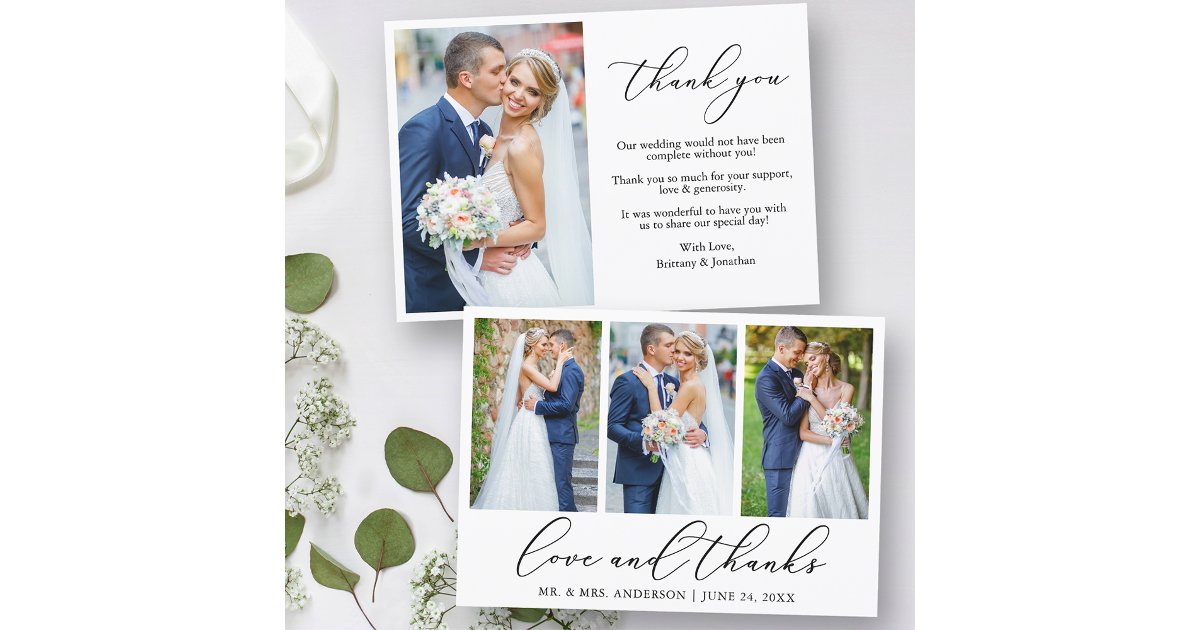 Modern Minimalist Calligraphy Love 4 Photo Wedding Thank You Card | Zazzle