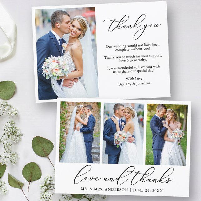 Modern Minimalist Calligraphy Love 4 Photo Wedding Thank You Card (Customize to change your personalized text style, size or color.)
