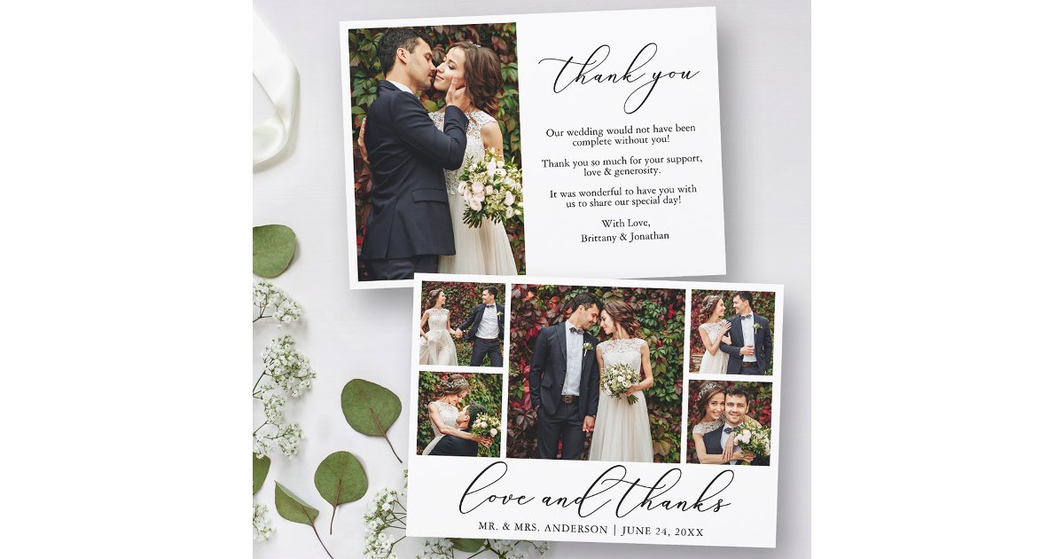 Modern Minimalist Calligraphy Love 6 Photo Wedding Thank You Card | Zazzle