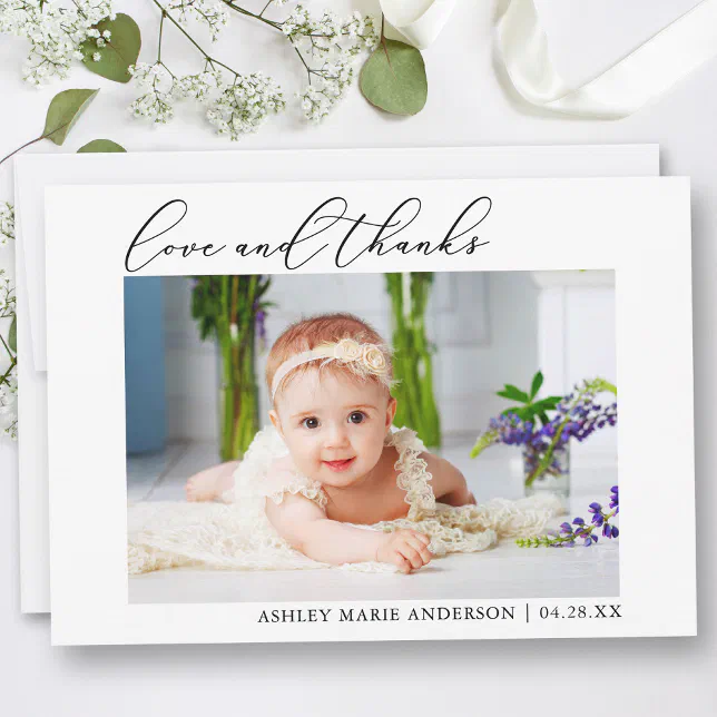 Modern Minimalist Calligraphy Love Thanks New Baby Thank You Card | Zazzle