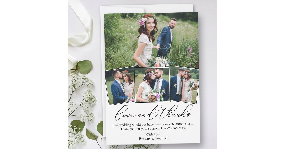 Modern Minimalist Calligraphy Love Wedding 4 Photo Thank You Card | Zazzle