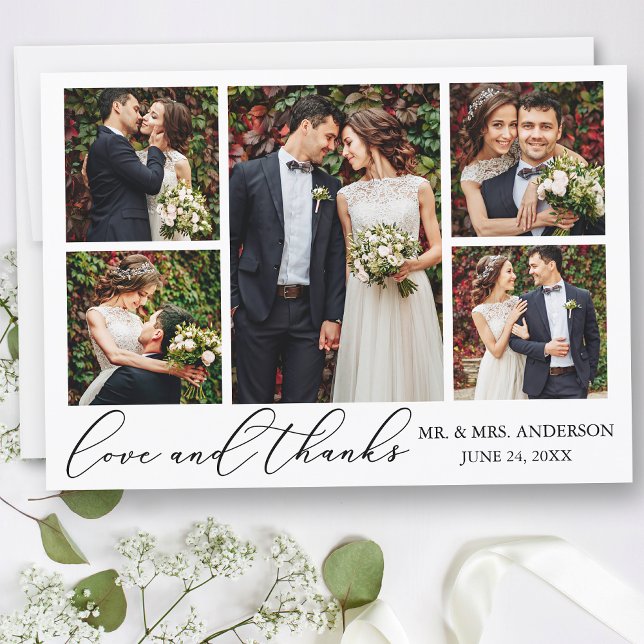 Modern Minimalist Calligraphy Love Wedding 5 Photo Thank You Card (Customize to add text to back of card.)