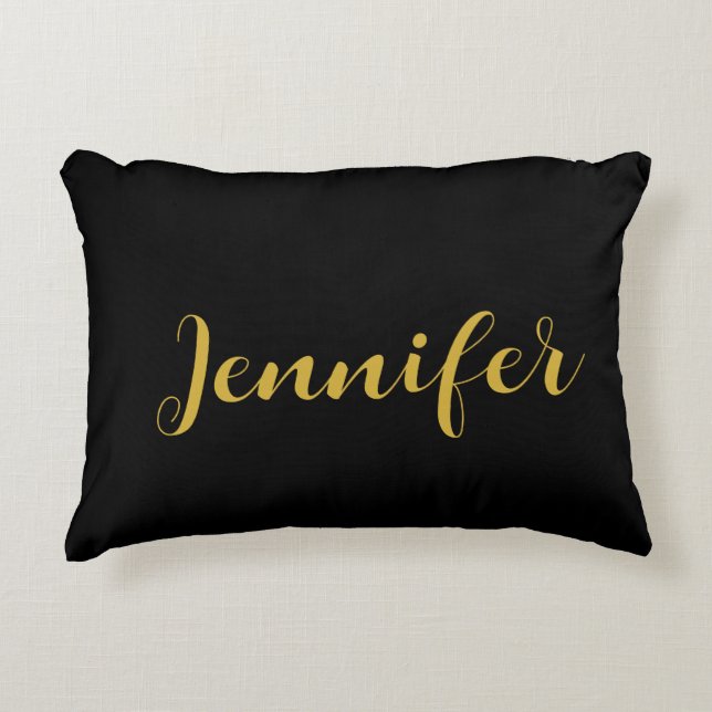 Modern Minimalist Calligraphy Name Black Gold Accent Pillow (Front)