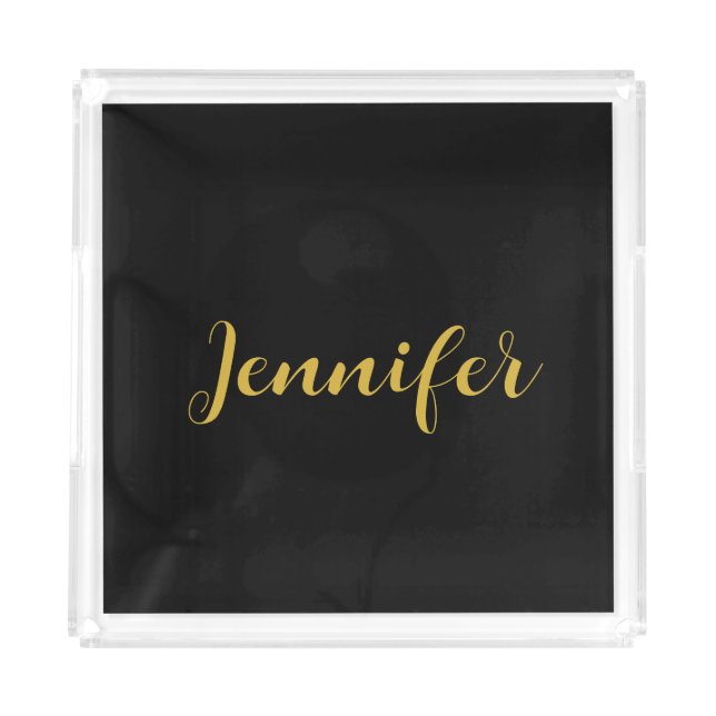 Modern Minimalist Calligraphy Name Black Gold Acrylic Tray (Front)