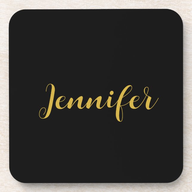 Modern Minimalist Calligraphy Name Black Gold Beverage Coaster (Front)