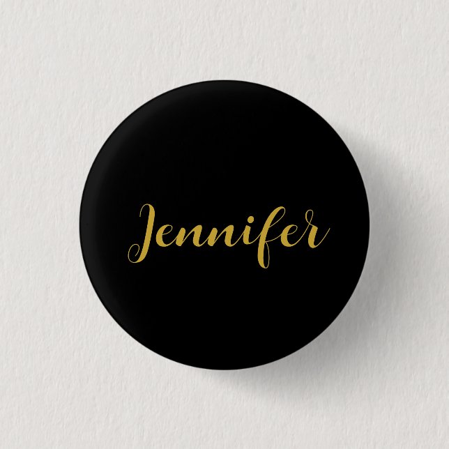 Modern Minimalist Calligraphy Name Black Gold Button (Front)