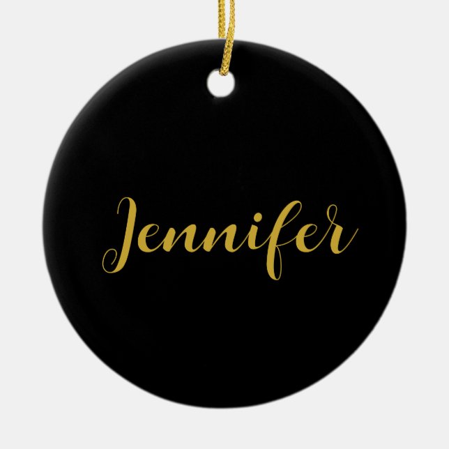 Modern Minimalist Calligraphy Name Black Gold Ceramic Ornament (Front)