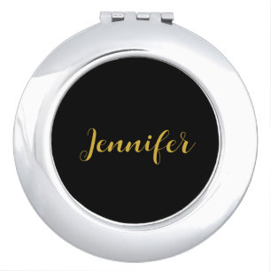 Modern Minimalist Calligraphy Name Black Gold Compact Mirror