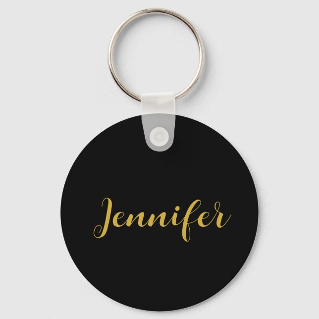 Modern Minimalist Calligraphy Name Black Gold Keychain (Front)