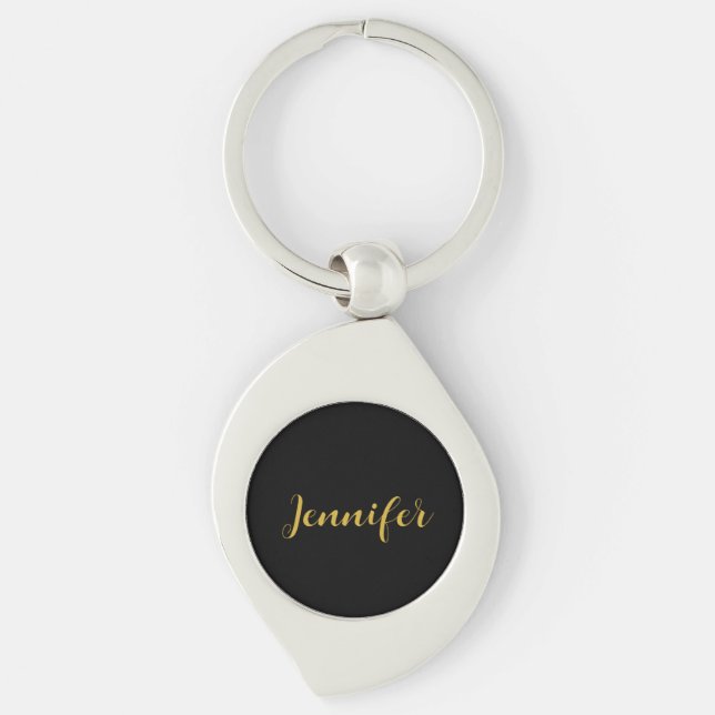 Modern Minimalist Calligraphy Name Black Gold Keychain (Front)