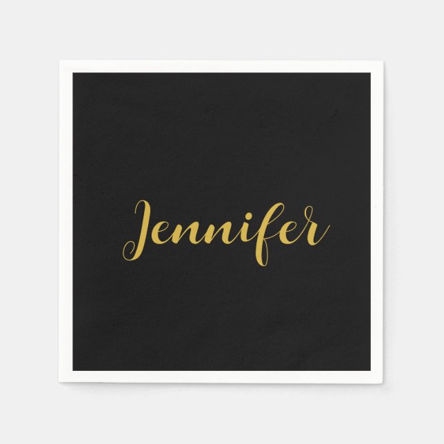 Modern Minimalist Calligraphy Name Black Gold Napkins (Front)