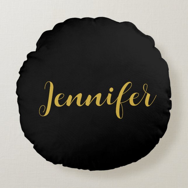 Modern Minimalist Calligraphy Name Black Gold Round Pillow (Front)