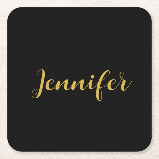 Modern Minimalist Calligraphy Name Black Gold Square Paper Coaster (Front)