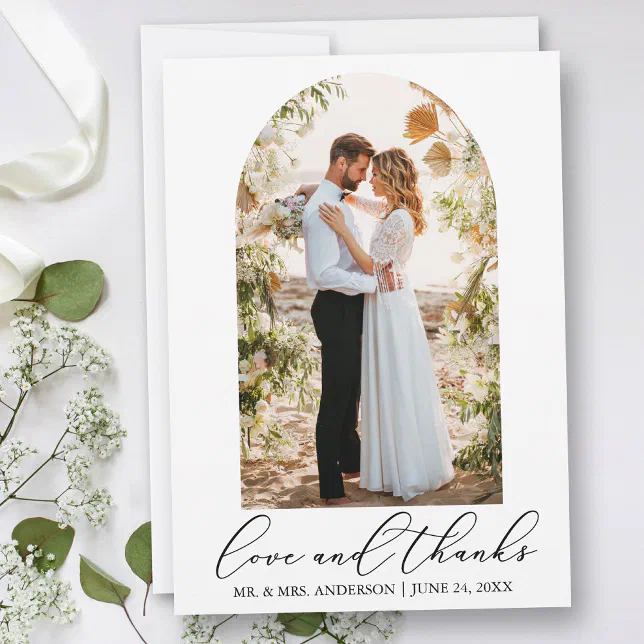 Modern Minimalist Calligraphy Photo Arch Wedding Thank You Card | Zazzle