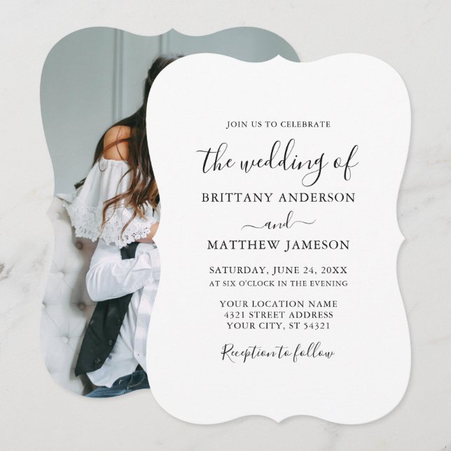 Modern Minimalist Calligraphy Photo Wedding Invitation (Front/Back)