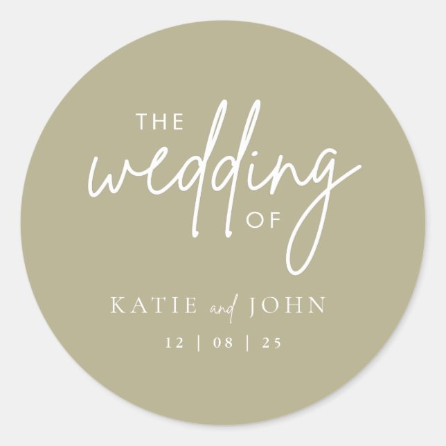 Modern Minimalist Calligraphy Sage Green Wedding Classic Round Sticker (Front)