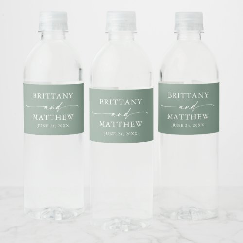 Modern Minimalist Calligraphy Sage Green Wedding Water Bottle Label