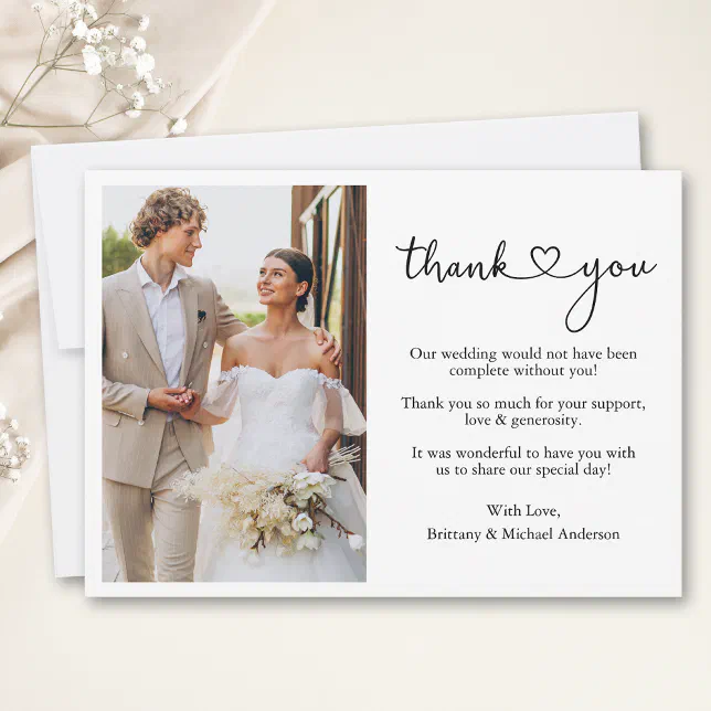 Modern Minimalist Calligraphy Script Heart Wedding Thank You Card | Zazzle