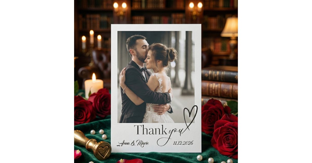 Modern Minimalist Calligraphy Script Photo Wedding Thank You Card | Zazzle